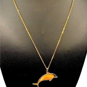 Gold Tone Necklace w/Dolphin Peach Color Pendant, Good Preowned Condition